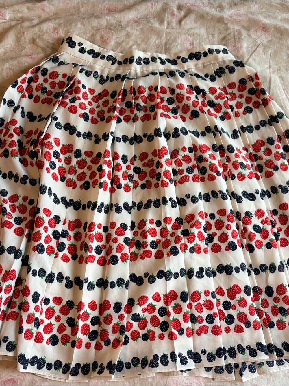 J. Crew White Pleated Midi Skirt with Red and Black Berry Print
